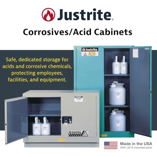 Image of Justrite Acid Corrosive Storage Cabinet - 45 Gallon 2 Door Self Close Chemical Storage Cabinet with Removable Polyethelene Trays - 18 inch x 65 inch x 43 inch - Made in The USA - Light Blue - 894522