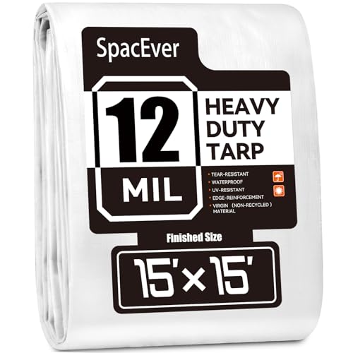 Tarp Heavy Duty 15x15 FT 12 Mil Thick Large Tarps Water-Proof with Grommets UV& Tear Resistant Plastic Cover for Pool Roof Tent Outdoor Firewood White