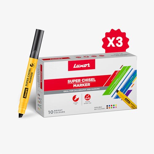 Image of Luxor Super Chisel Marker, Ideal For Calligraphy and Marking, 10 Units Per Pack, Assorted Bright Ink Colours, Water Based Ink, Pack of 3