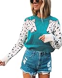 Mansy Women's Casual Long Sleeve Crew Neck Cute Animal Leopard Print Knitted Pullover Sweater Tops Blue