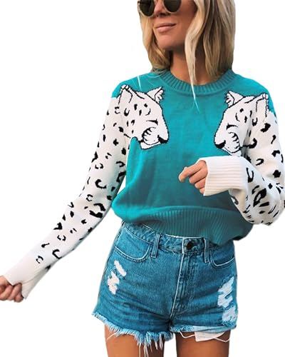 Mansy Women's Casual Long Sleeve Crew Neck Cute Animal Leopard Print Knitted Pullover Sweater Tops