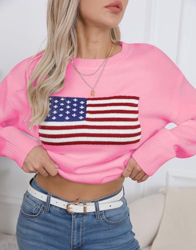 Image of Womens American Flag Sweater Long Sleeve Crew Neck Knitted Casual Pullover Sweater (Pink, X-Large)