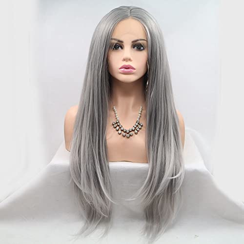 Xiweiya 13 * 3 Lace Wigs Platinum Grey Synthetic Lace Front Wig Blonde White Hair Tips Long Natural Straight Wig for Fashion Women Wear Heat Resistant Fiber Natural Hairline Halloween Cosplay Wigs
