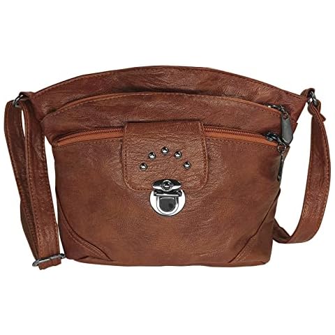 Brown Ladies Handbags Small Women Multi-Pocket Crossbody Bag Soft Leather Lightweight Shoulder Purse Zipper Adjustable Strap Cover
