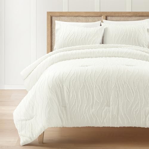 Lush Decor Jacquard Wave Comforter Set, 3 Piece Set, Full/Queen, Soft White - Textured Bedding Set - Tufted Clip Jacquard Design - White Comforter - Cottage & Coastal Bedroom Decor