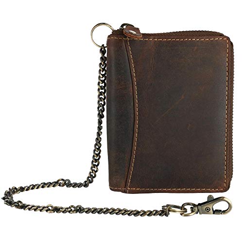 CTM Men's Hunter Leather Zip-Around Bifold Chain Wallet, Brown