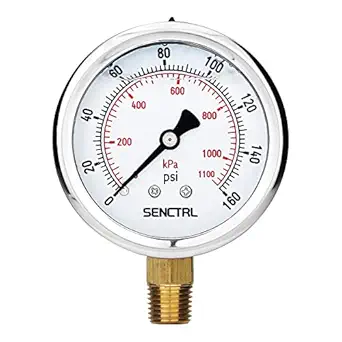 SENCTRL 0-160 Psi Liquid Filled Air Pressure Gauge, 1/4" NPT Lower Mount