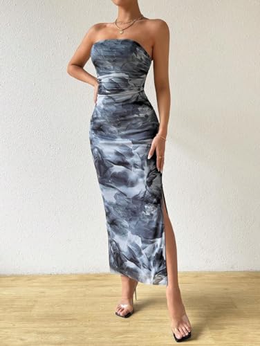 Image of LIGHT DOT Women's Summer Dress Printed Strapless Tube Bodycon Maxi Side Slit Mesh Layered