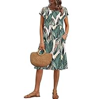 AUSELILY Vestido Verano Manga Corta hasta la Rodilla para Mujer Vestidos Holgado con Cuello Redondo y Bolsillos