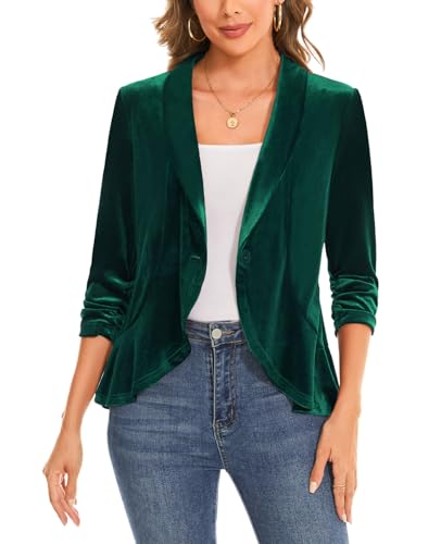 MINTLIMIT Women's Velvet Blazer Ruched 3/4 Sleeve Shawl Lapel Button Front Ruffle Tailored Cardigan Suit Jacket Blazer