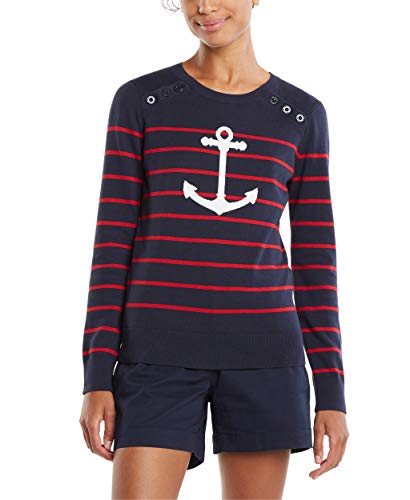 Nautica Women s Voyage Long Sleeve 100% Cotton Striped Crewneck Sweater, Navy, Large