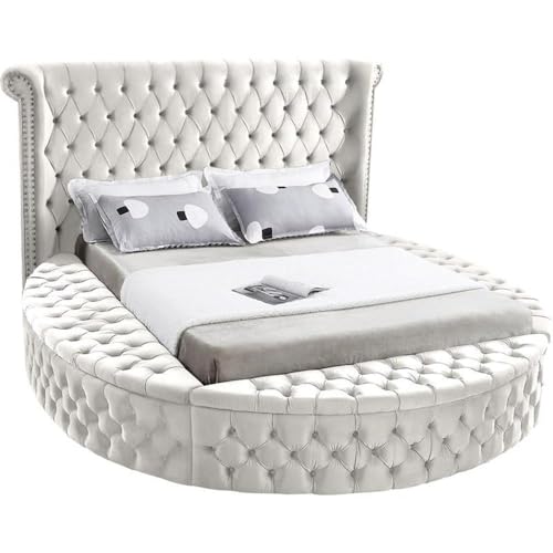 Meridian Furniture Luxus Collection Modern | Contemporary Round Shaped Velvet Upholstered Bed with Deep Button Tufting and Footboard Storage, Queen, Cream
