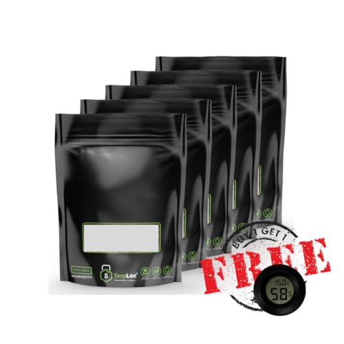 5 Stück für 30g Terploc Grove Bags incl. 1 Hygrometer Einschweiß- und Zipbeutel mit Feuchtigkeitskontrolle Weed Humidor Beutel mit relativer Luftfeuchtigkeit zwischen 58 und 62% (5, 30 Gramm)