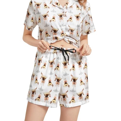 Image of Silk Satin Pajama Set for Women Summer Lounge Pjs Sets 2 Piece Suit Ladies Button Down Tops And Shorts Sleepwear
