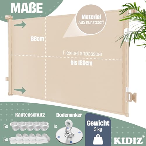 KIDIZ® Treppenschutzgitter Türschutzgitter ausziehbar 0-180CM | kindersicheres Treppengitter für Babys & Haustiere | Schutzgitter für Treppen & Türen Absperrgitter inkl. Bodenanker & Montagezubehör