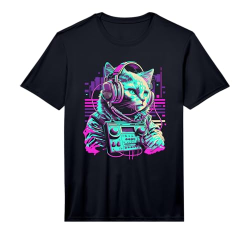 House DJ Cat 80s 90s Kitten Sunset Rainbow DJ Cat Kitty Performance T-Shirt