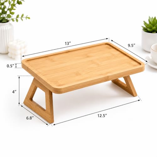 Image of Curated Cart Bamboo Serving Tray with Cut-Out Handles - Rattan Cane Woven Base - Eco-Friendly Rustic Tray for Coffee Table, Breakfast (Sofa Armrest Tray)