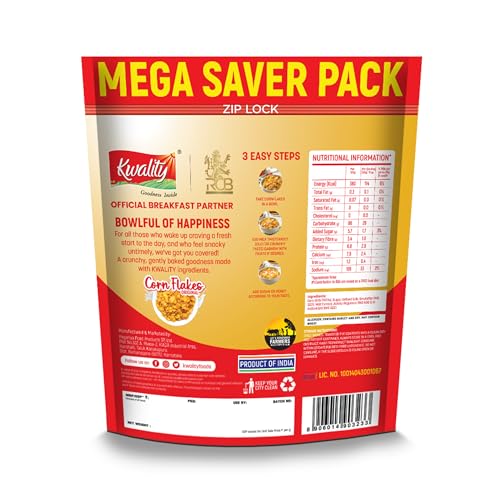 Image of Kwality Corn Flakes 800g | Made with Golden Corns | 99% Fat Free, Natural Source of Vitamin & Iron | High in Protein & Fiber | Healthy Breakfast Cereal (Pack of 2)