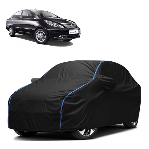 Image of Kerwa Car Body Cover Waterproof Compatible with TATA Manza | Scratch Proof, Anti-Dust, UV Protection with Windproof Buckle Strap and Mirror Pockets, Bottom Elastic Fitted-Black