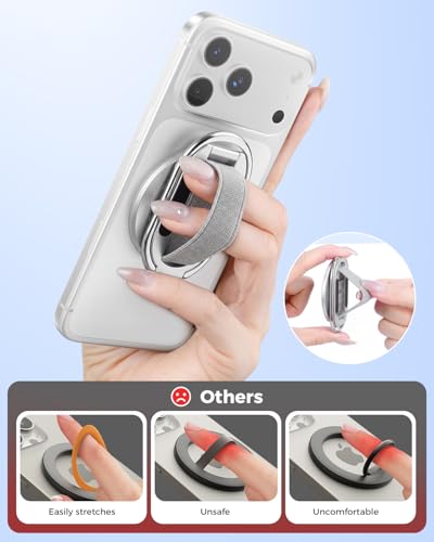 Image of SUPERONE Dual-Sided Magnetic Phone Grip for MagSafe | Dual Magnets 5.5 /3lbs, 55,000 Folds 18x Durable, Adjustable Strap, 360 Stand for iPhone 17 /16 /15 /14 /13 /12 Series-Silver