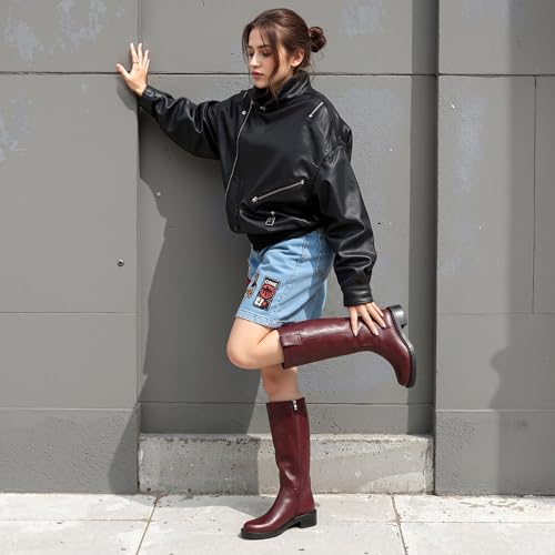 Image of KaroNairy Women Knee High Boots Faux Leather Long Boots Low Chunky Heel Square Toe Side Zipper Fall Tall Boots