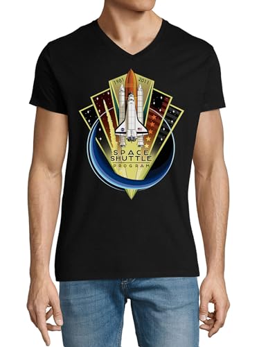 T-shirt col en V coton homme noir vêtement spatial casual à motif astronomie