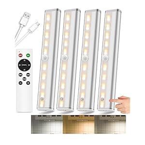 SZOKLED 20LED Under Cabinet Lighting Remote Control, Wireless Under Cabinet Lights Rechargeable Under Counter Lights for Kitchen, Hallway, Display, Multiple Colors 4 Pack