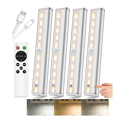SZOKLED 20LED Under Cabinet Lighting Remote Control, Wireless Closet Lights Rechargeable Under Counter Lights for Kitchen, Hallway, Display, Multiple Colors (4 Pack)