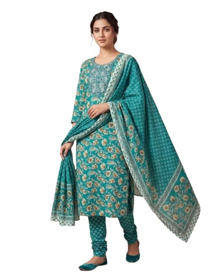 Women's Floral Printed Straight Cotton Kurti Pant with Dupatta Set-picture-26