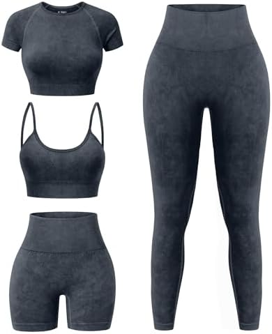 YOAKUKA Women's 4 Piece Workout Sets Seamless Acid Wash Tops Sports Bra High Waist Shorts Leggings Active Set