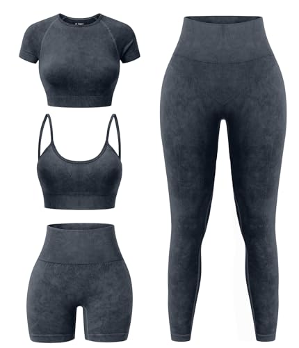 YOAKUKA Women's 4 Piece Workout Sets Seamless Acid Wash Tops Sports Bra High Waist Shorts Leggings Active Set