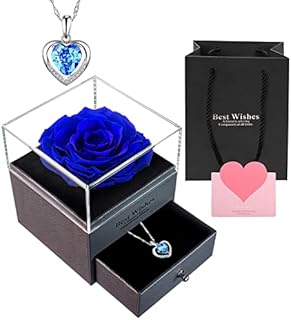 Preserved Forever Rose Eternal Rose Gift for Her Women Mum Wife Sister Daughter Girlfriend Gift Box with Love Necklace on Valentine's Day Mother's Day Birthday Anniversary Handmade Blue Rose Flower
