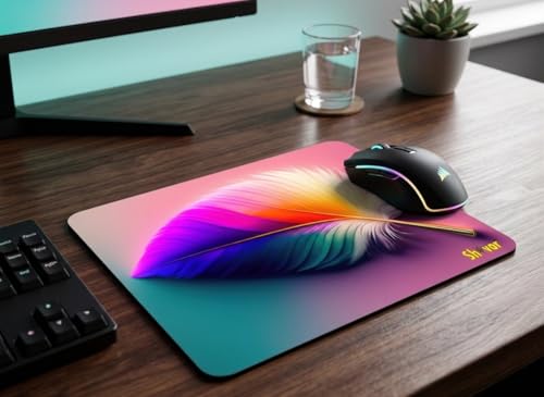 Image of Shivor Designer Mouse Pad | Rainbow Feather Printed Design | Smooth Cloth Surface for Precision Control | Heat Resistant Non Slip Rubber Base | Compatible with Laptop Computer Desktop PC Gaming Use