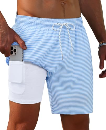 Image of Gleeease 7inch Mens Swim Trunks 2 in 1 with Compression Liner Pockets Drawstring Quick Dry Stretch Lined Funny Beach Pool
