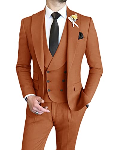 Wangyue Double Breasted Suit Men Slim Fit Suit Groomsmen Suits For Wedding Rust Red Suit Men Suit Prom Tuxedo #TOP10