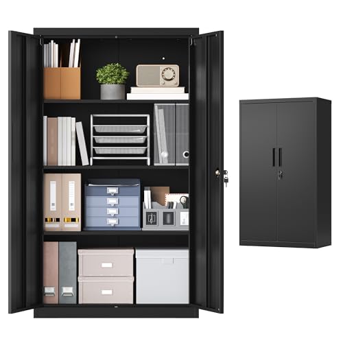 SONGMICS Armario Archivador, Armario Metálico, Mueble de Oficina con Cerradura, 2 Puertas, Acero, 80 x 40 x 140 cm, 3 Baldas Ajustables, Negro Mate OMC020BD01