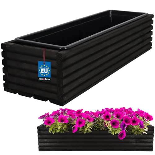 KOTARBAU® Blumenkasten aus Holz 64x20cm mit Innentopf Balkonkasten Schwarz Balkontopf Blumentopf Pflanzkübel Holzblumentopf Blumenkasten Blumenkübel Outdoor Balkon Garten Terrassen Kasten mit Einsatz