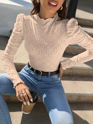 Image of Sugathari Girl's & Women's Spring /Summer Slim Fit High Neck T-Shirt with Stand Collar, Cap Sleeves and Eyelet Embroidery Frill Trim Tee Textured Sheer Fabric (T-Shirts 194 $P)