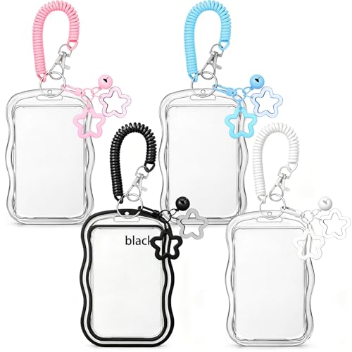 Image of 4 PCS Photocard Holder Keychain, Clear ID Card Holder with Coiled Lanyard, Cute Photo Card Holder for Kpop Photocards, Staff Lanyard, Oyster Card Holder, Bus Pass, Credit Card