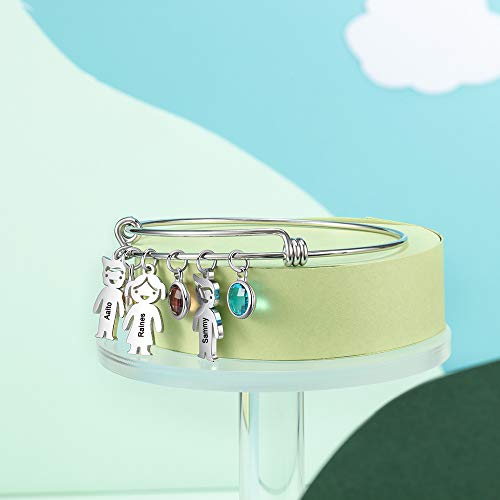 Personalized Bangle Bracelet With Charms Custom Names Mother Daughter Jewelry With Simulated Birthstone Family Presents (3 Pendants+ 3 Stones) #TOP4