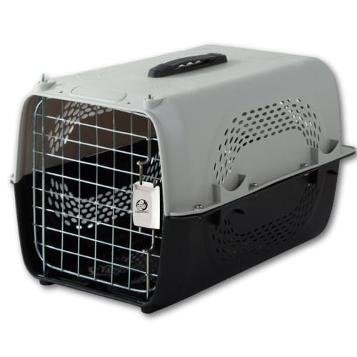 Image of Foodie Puppies Imported Plastic Pet Travel Carrier Cage & Kennel House (58 x 37 x 37 cm, Neon Grey) for Dogs, Puppies & Small to Medium Pets | Transporter Box with Metal Door & Spring Lock