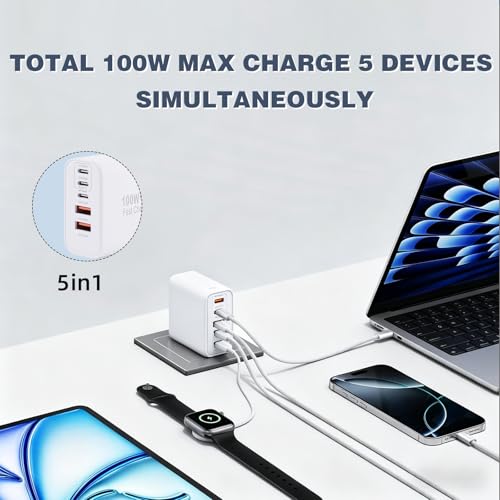 Image of Super Fast USB C Charger Block,100W 5-Port USB C Phone Charger Power Adapter Plug,2Pack Multiport Type C Wall Charger Cubes for iPhone 17 Pro Max /17 Pro /17 Air,16 Pro /16e /15 Plus,MacBook,Android Phone