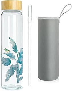 Ferexer Borosilicate Glass Water Bottle with Straw and Bamboo Lid and Sleeve, Reusable Dirinking Bottle Wide Mouth BPA Free 600 ml / 1 Litre / 1l