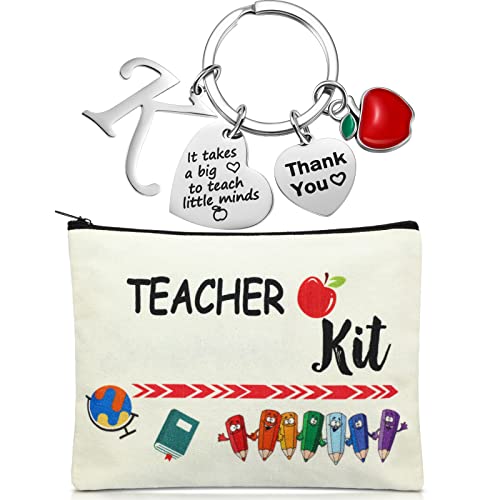 MTLEE 2 Pcs Teacher Appreciation Gift Sets 2025 Graduation Present Makeup Pouch Cosmetic Bag Thank You Keychain with Initial(K Shape)