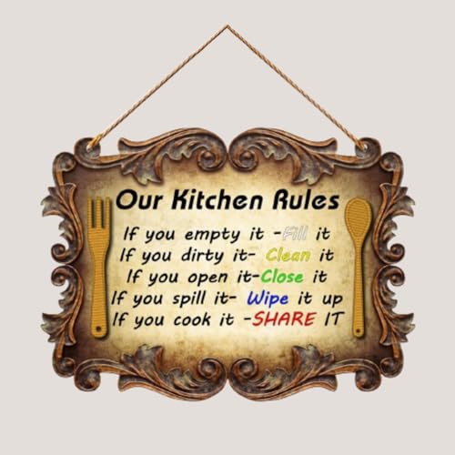 Image of PNF Poster And Frames OUR KITCHEN RULES Quote Wall art & Door Hanging Frame For Kitchen, Dining, restaurants Decor | Walland home Decor for Living Room | Room Decor Wall Decor Items For Bedroom | (Wooden, 11x9 Inch,brown)1-1