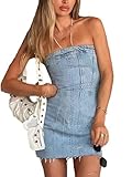 peassa Women's Sexy Denim Strapless Dresses Y2K Jeans Corset Tube Bodycon Top Mini Dress Club Western Cowgirl Outfits Light Blue, M