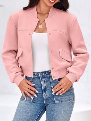 Image of Tankaneo Womens Cropped Bomber Jackets Casual Button Down Long Sleeve Stand Collar Varsity Shacket Coats