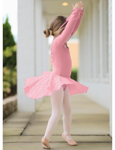 Image of Arshiner Girls Long Sleeve Ballet Leotards with Shinny Skirts Criss-Cross Back Dance Dresses