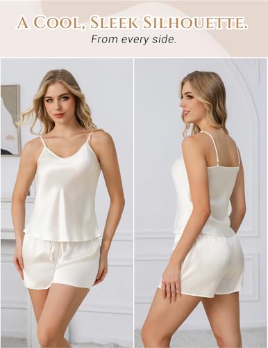 Image of THXSILK 100% Mulberry Silk Women Cami Pajama Set, Tank Top with Shorts Sleepwear, Adjustable Spaghetti Straps, Luxury Pj Set