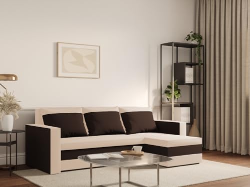 FORNIRO 24 Loft Ecksofa mit Schlaffunktion und Bettkasten – Sofa L-Form 225x130x75 cm, Stoff Basic in Creme-Braun, 3 Sitze & Kissen für modernes Wohnen – Bild 3